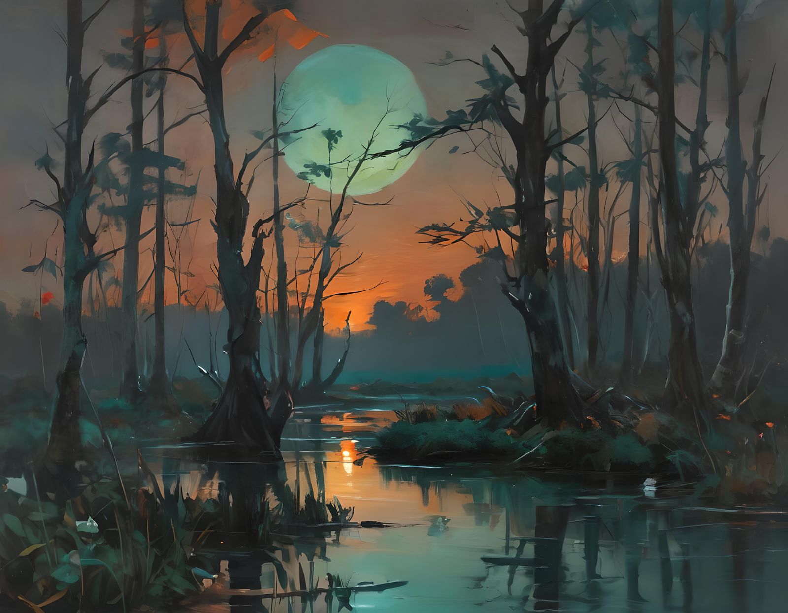 Gloomy Swamp at Night in Oil Painting Style