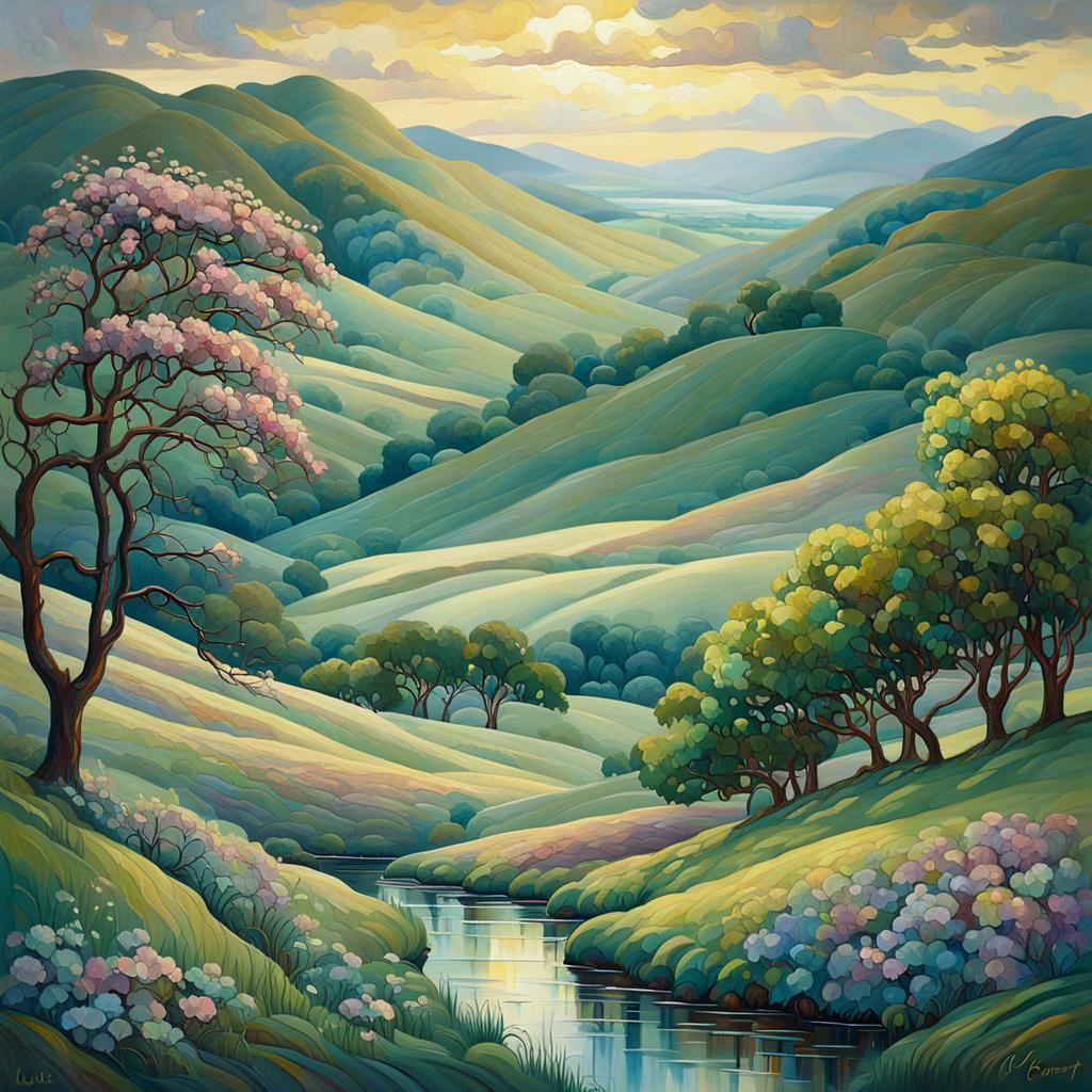 Scottish Spring Landscape in Art Nouveau Oil Painting