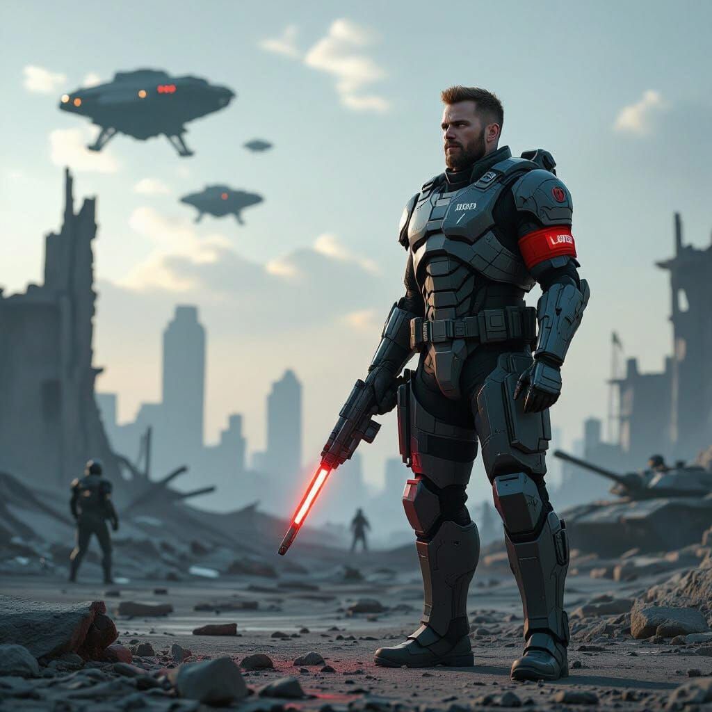 Sci-Fi Soldier Amidst Ruined City and War Machines