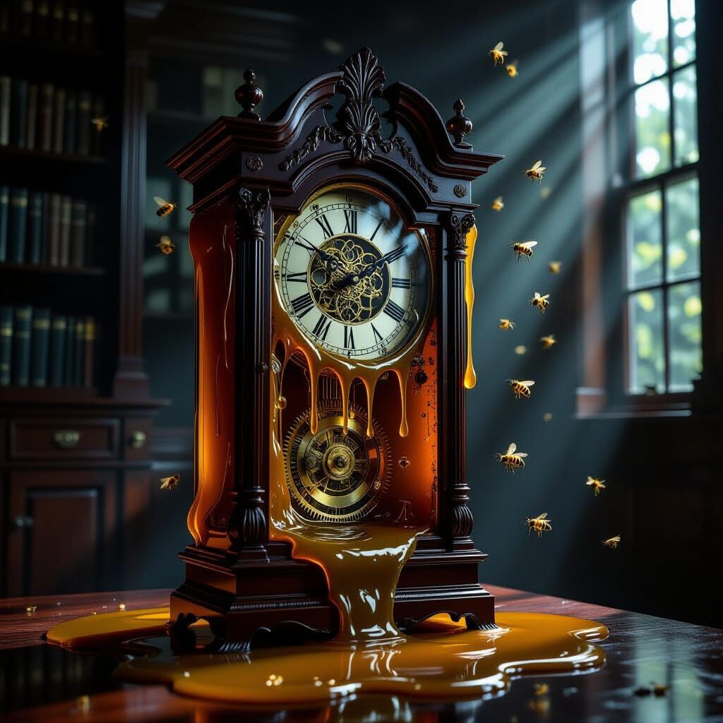 Honey Grandfather Clock with Caramel Gears in Ethereal Light
