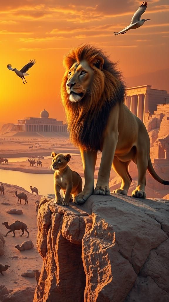 Regal Lion and Tiny Cub in Majestic Sunset Landscape