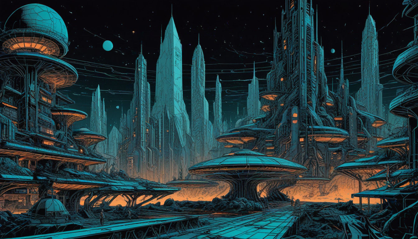 Retro-Futuristic Spacecraft Soars through Cosmic Cities