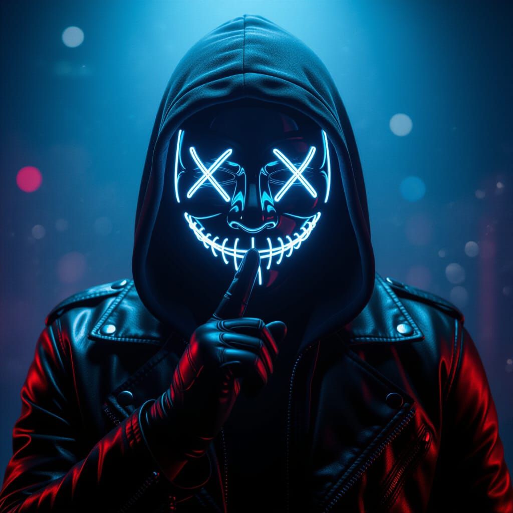 Eerie Figure with Neon X Mask in Neon-Noir Style