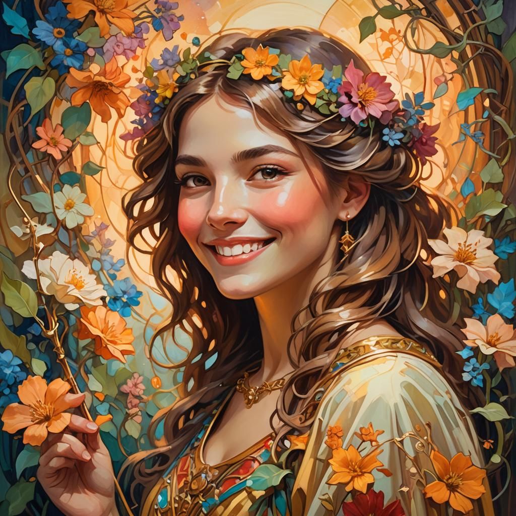 Smiling Woman Portrait with Magic Wand in Art Nouveau Style