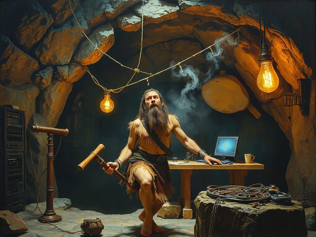 Caveman Internet Invention in Surreal Oil Painting Style