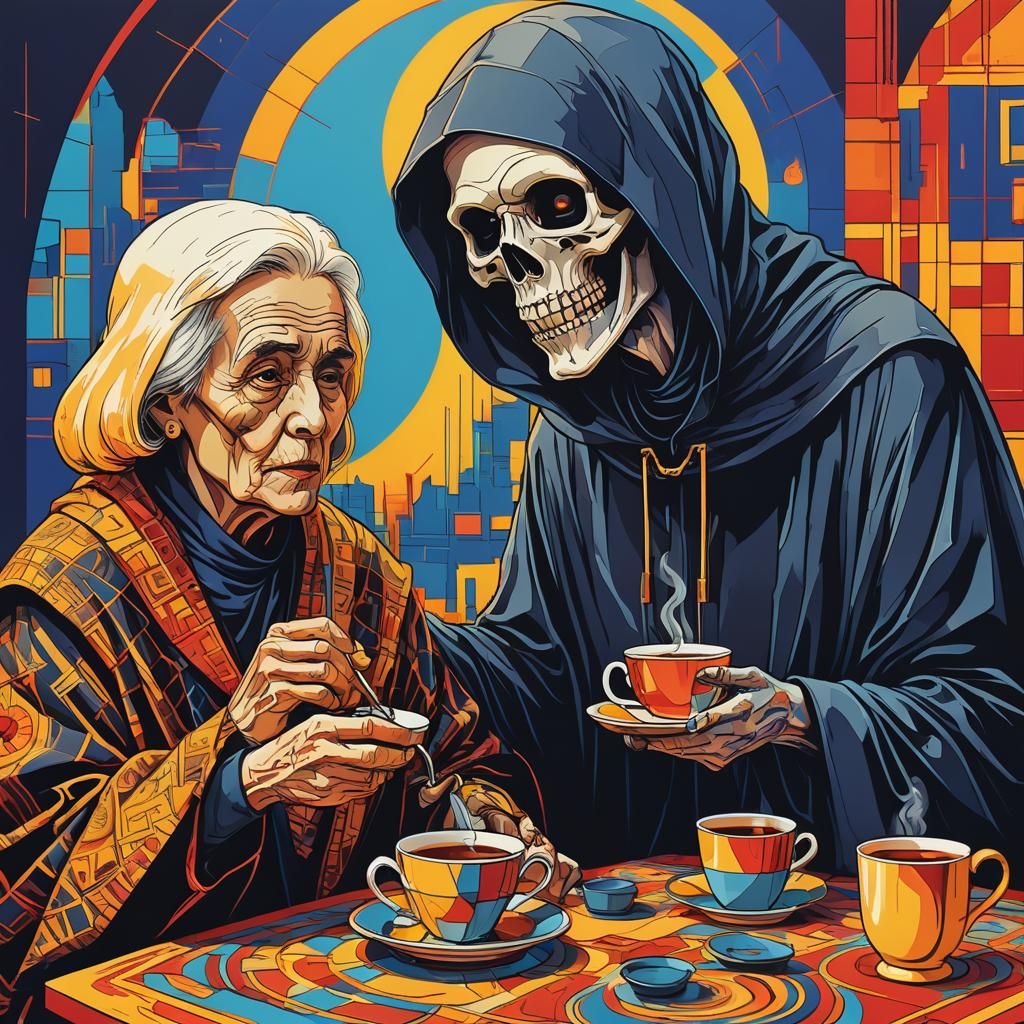 Grim Reaper Tea Party in Pop Art Style