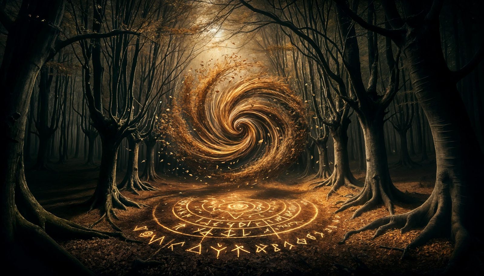 Haunting Autumn Night: Golden Leaf Vortex