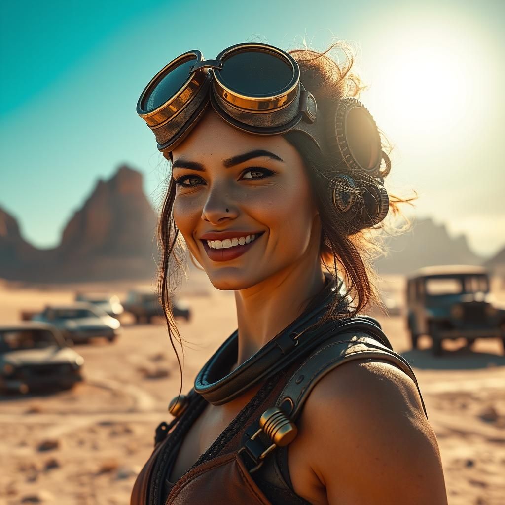 Steampunk Woman in Desert Landscape, Cinematic Lighting