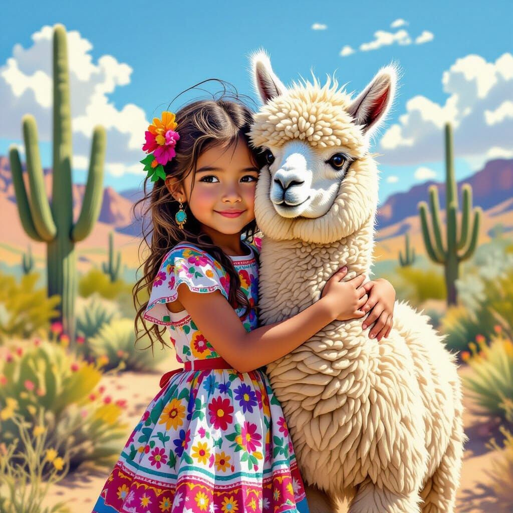 Girl Hugging Alpaca in Desert, Hyper-Realistic Comic