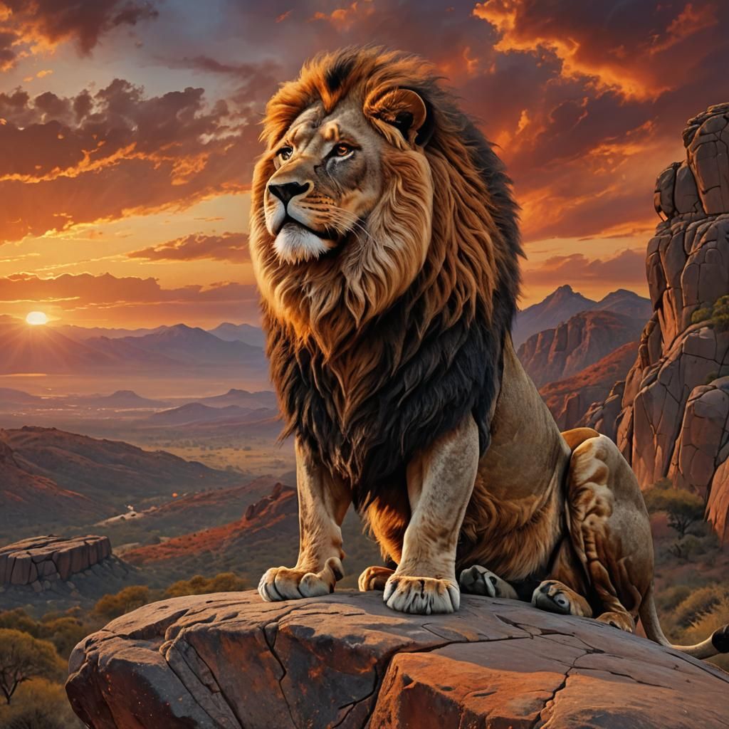 Lion's Majesty at Sunset: Digital Matte Painting