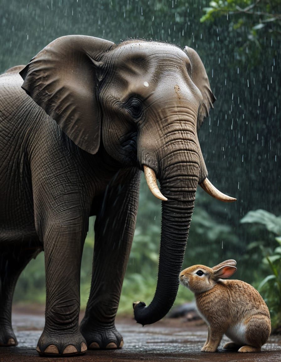 Elephant Protects Rabbit in Gentle Rain, Digital Art