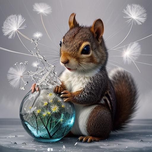 Surreal Squirrel Portrait in Tornado of Dandelions