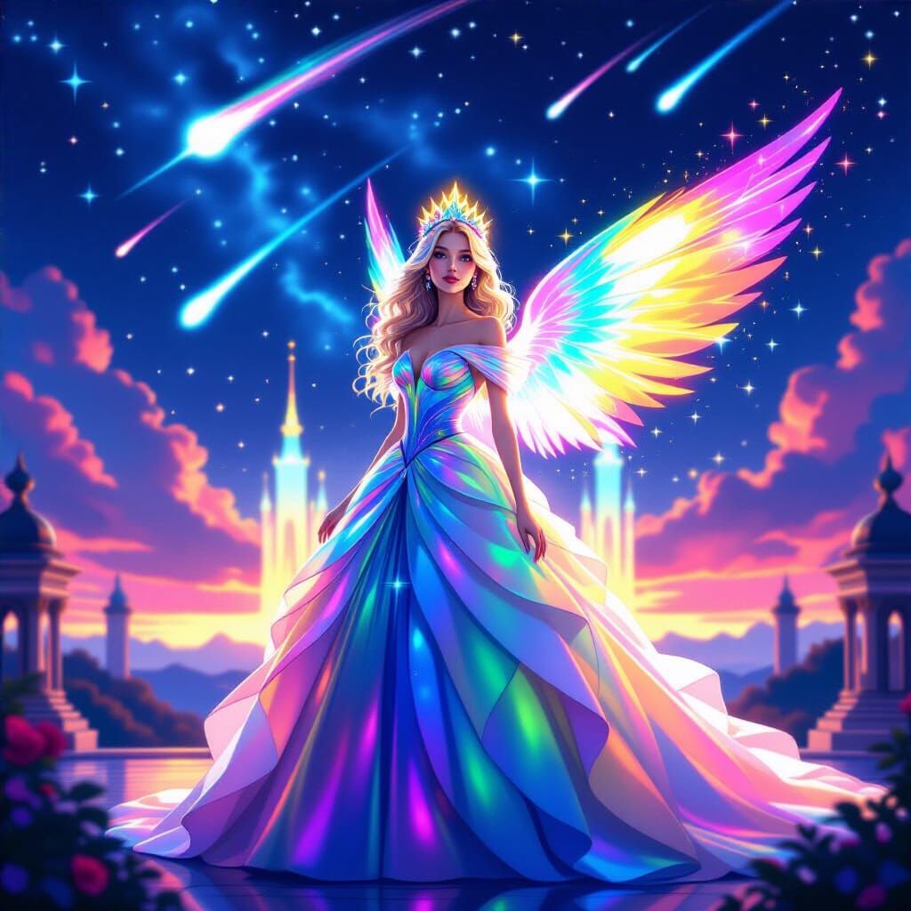 Rainbow Stardust Princess with Cosmic Palace in Digital Art