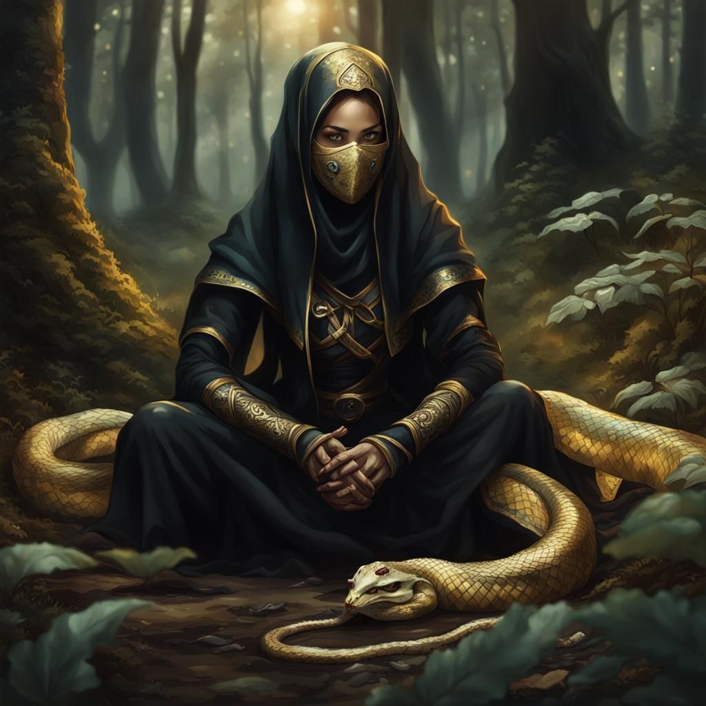 Female Rogue Praying in Fantasy Forest