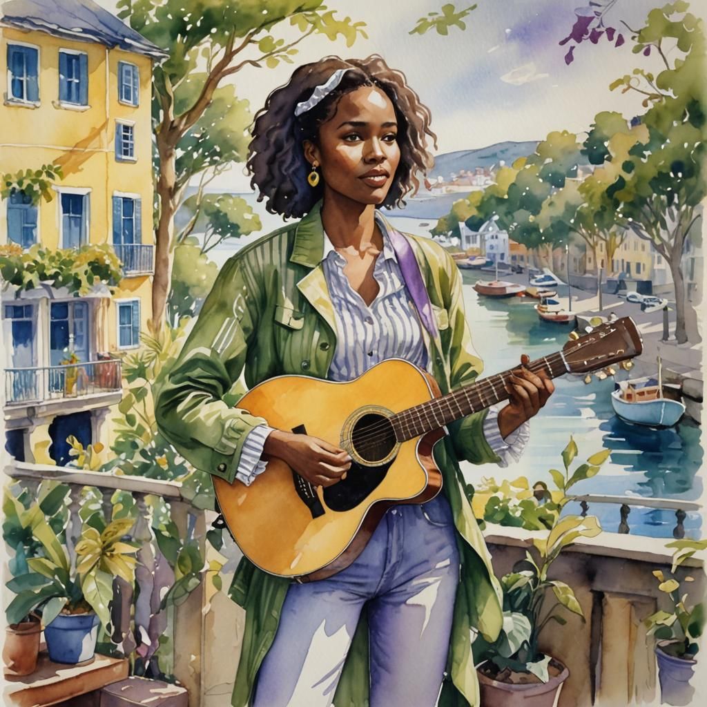 Caribbean Woman Playing Guitar in Watercolor Style