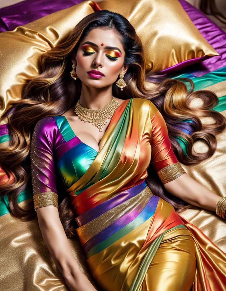 Woman with Silky Hair and Golden Saree