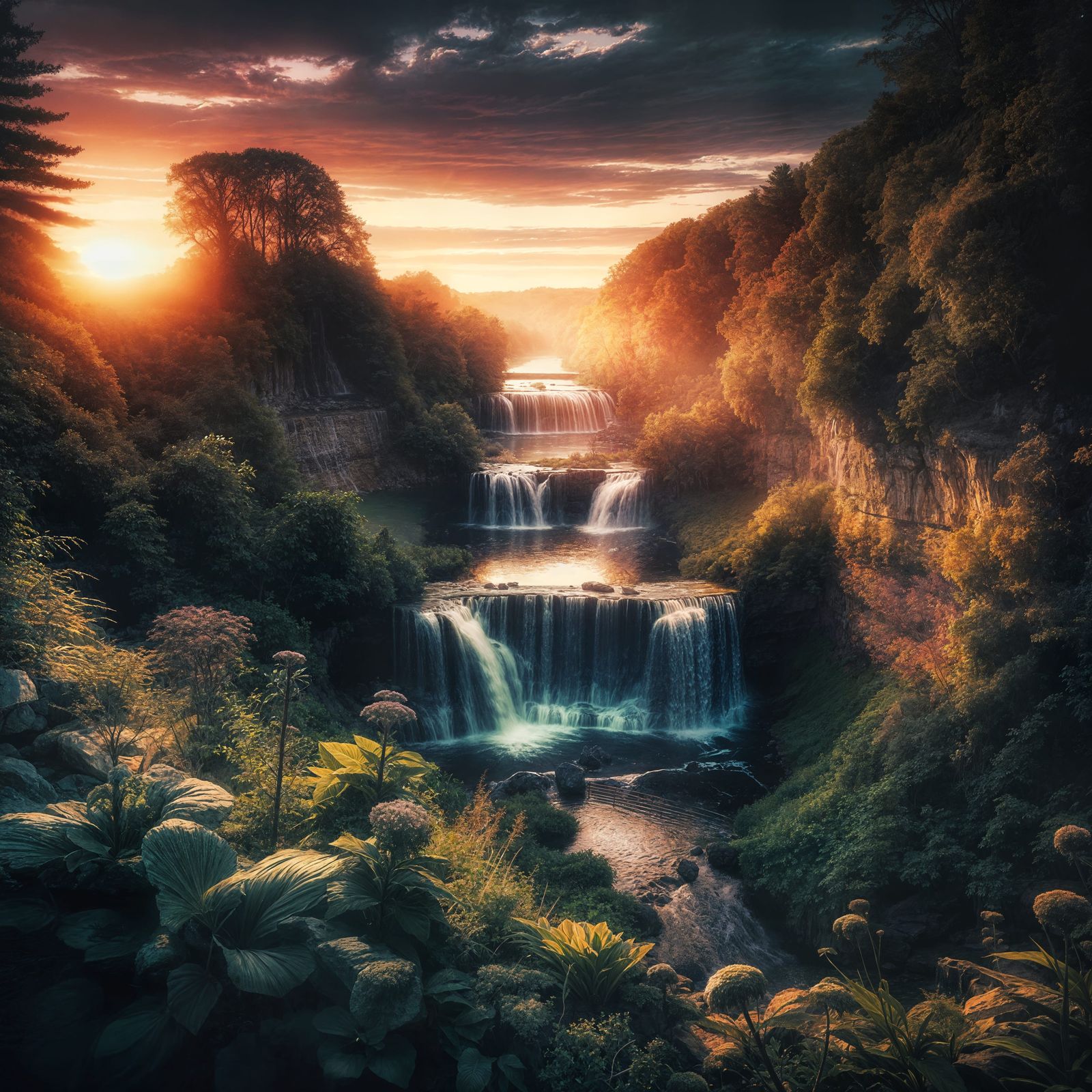 Twilight Triple Waterfall in Cinematic Style