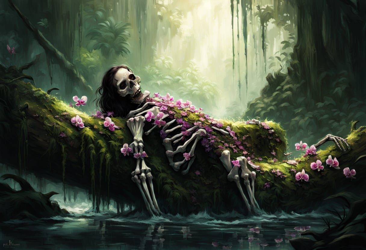 Orchid-Adorned Pirate Skeleton in Jungle Waters