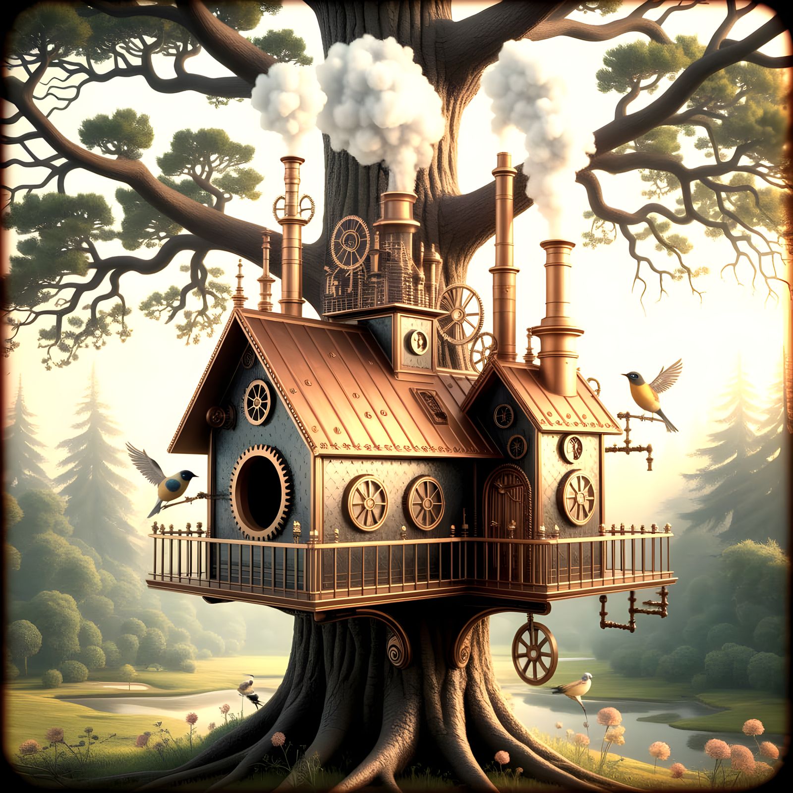 Steampunk Birdhouse on Oak Tree in Detailed Vintage Style