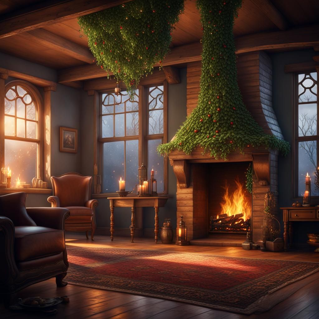 Mistletoe by Fireplace: Fantasy Concept Art