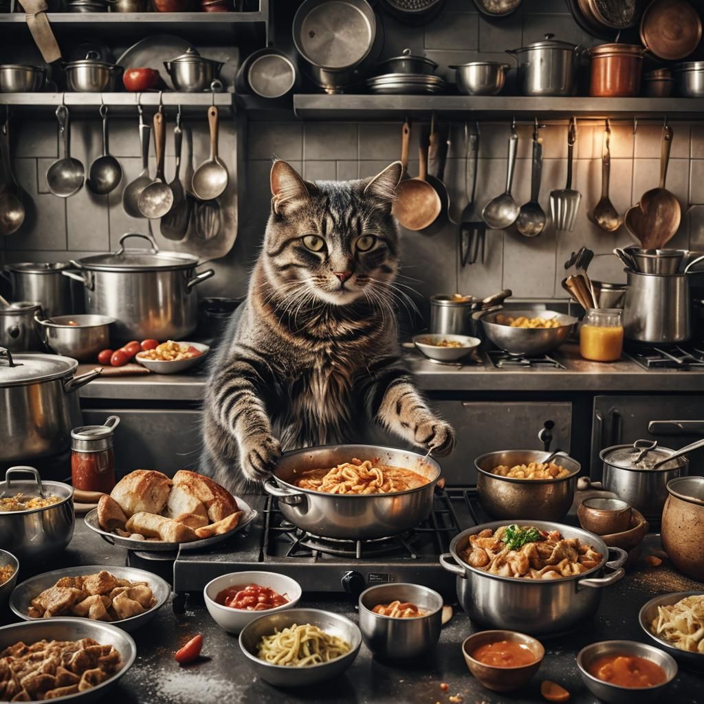 Hyperrealistic Cat Cooking with Intricate Details