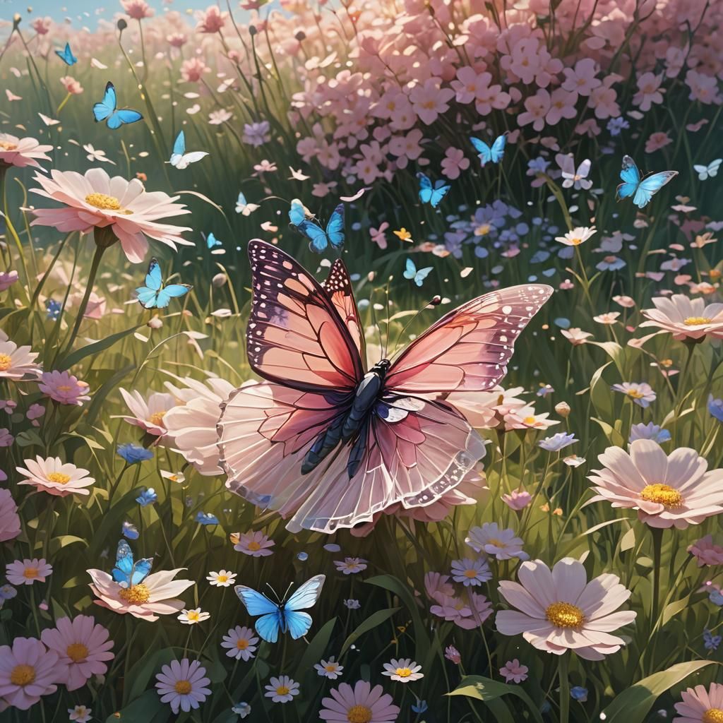 Tulle Butterfly Floats Over Tulle Flower Field