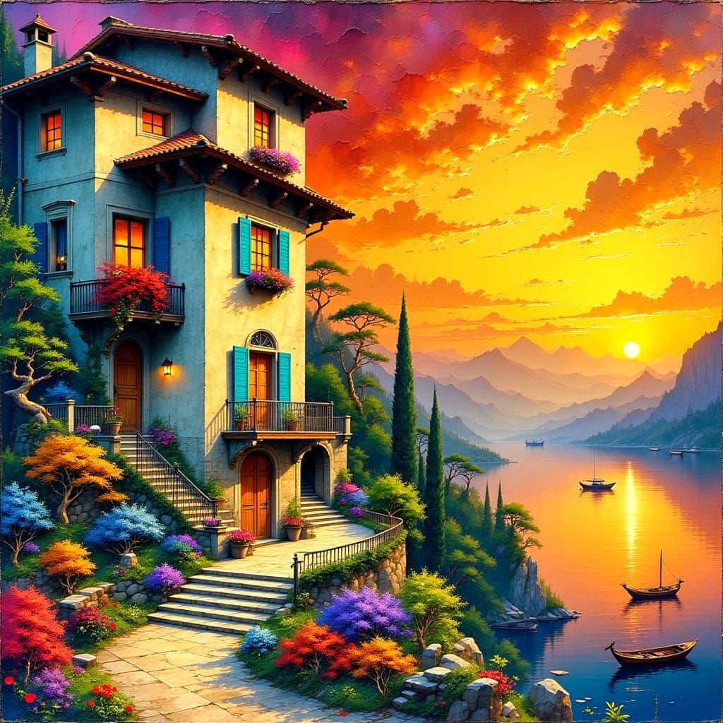 Italian Villa with Mosaic Tiles and Sunset over Lake Como