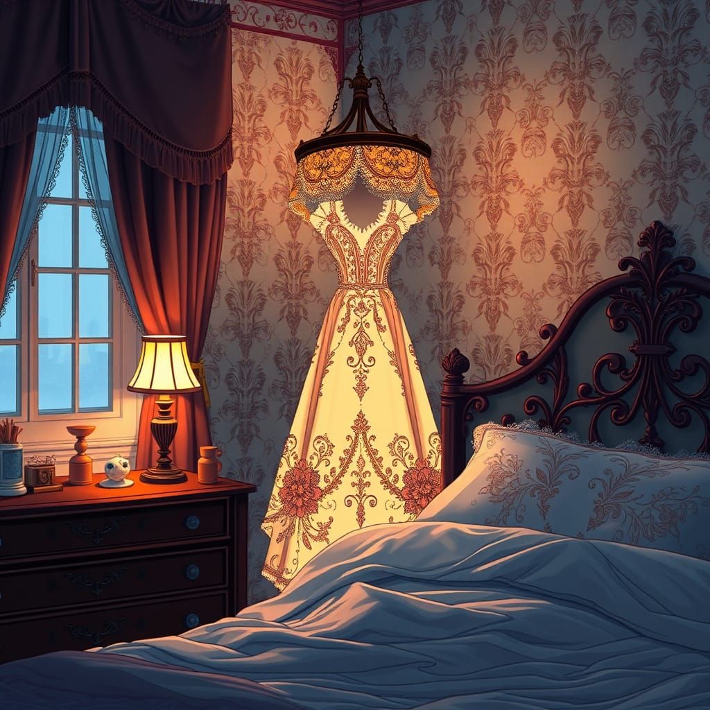 Anime Bedroom Scene with Gothic Dress Lamp