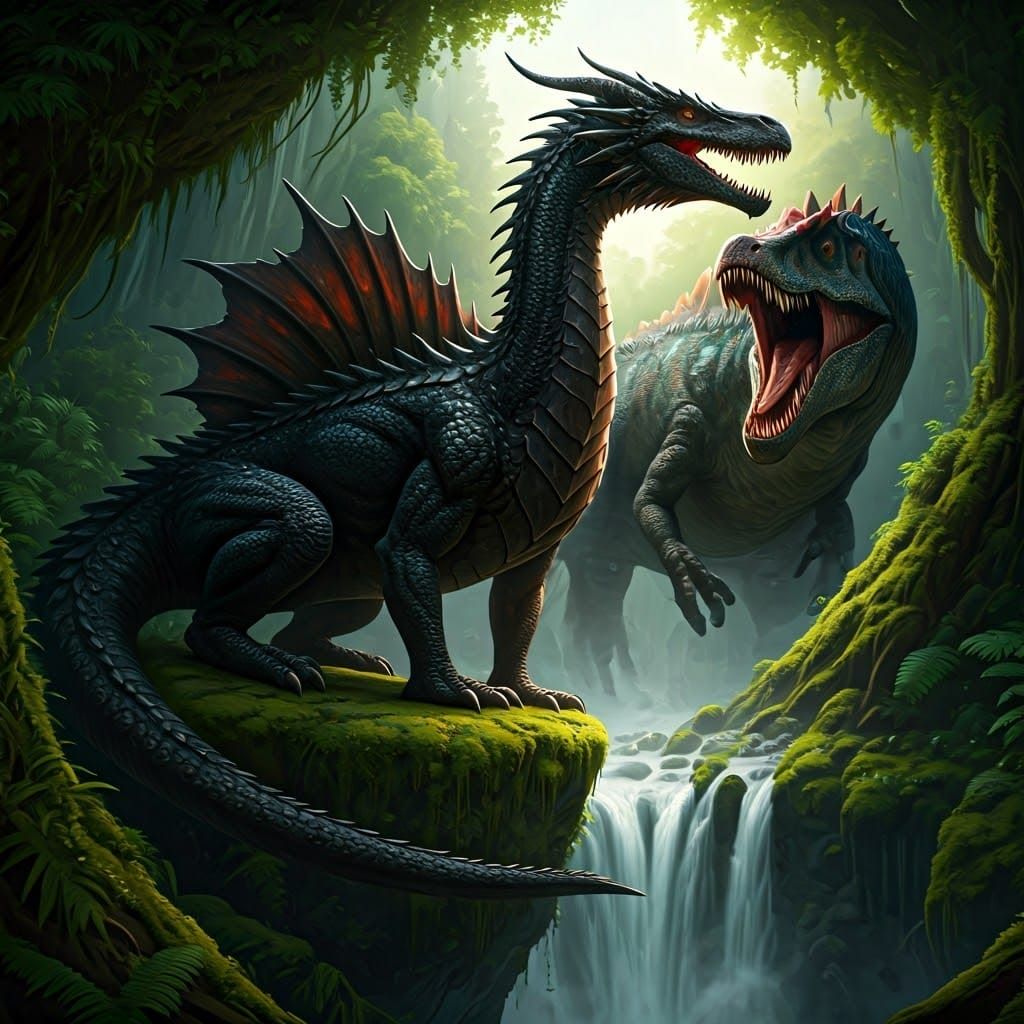 Dragon and Spinosaurus Clash in Fantasy Landscape