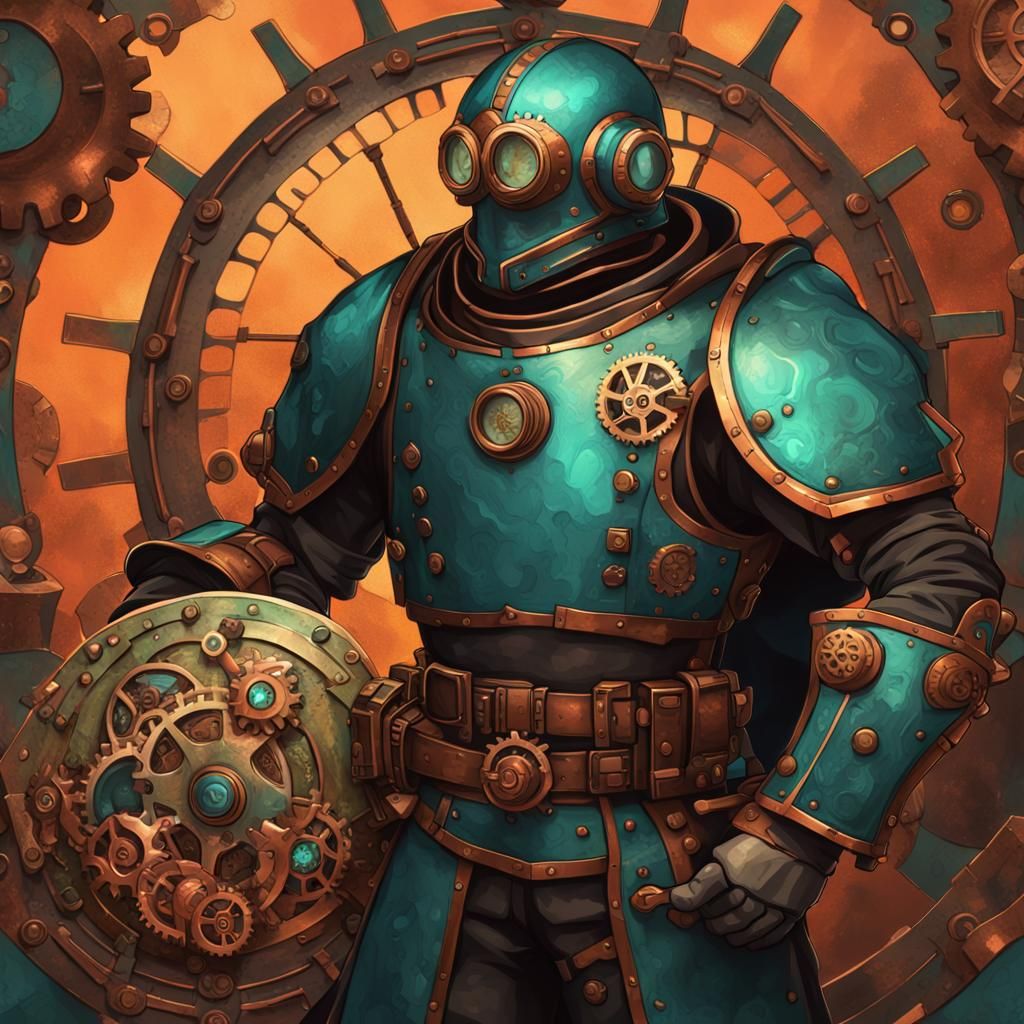 Clockwork Soldier with Tower Shield in Steampunk Style