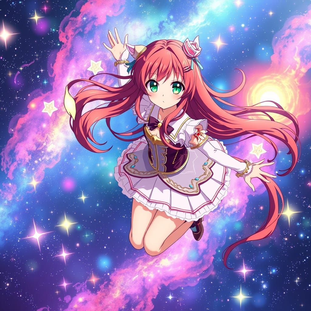 Magical Girl Soaring Through Galaxy in Anime Style