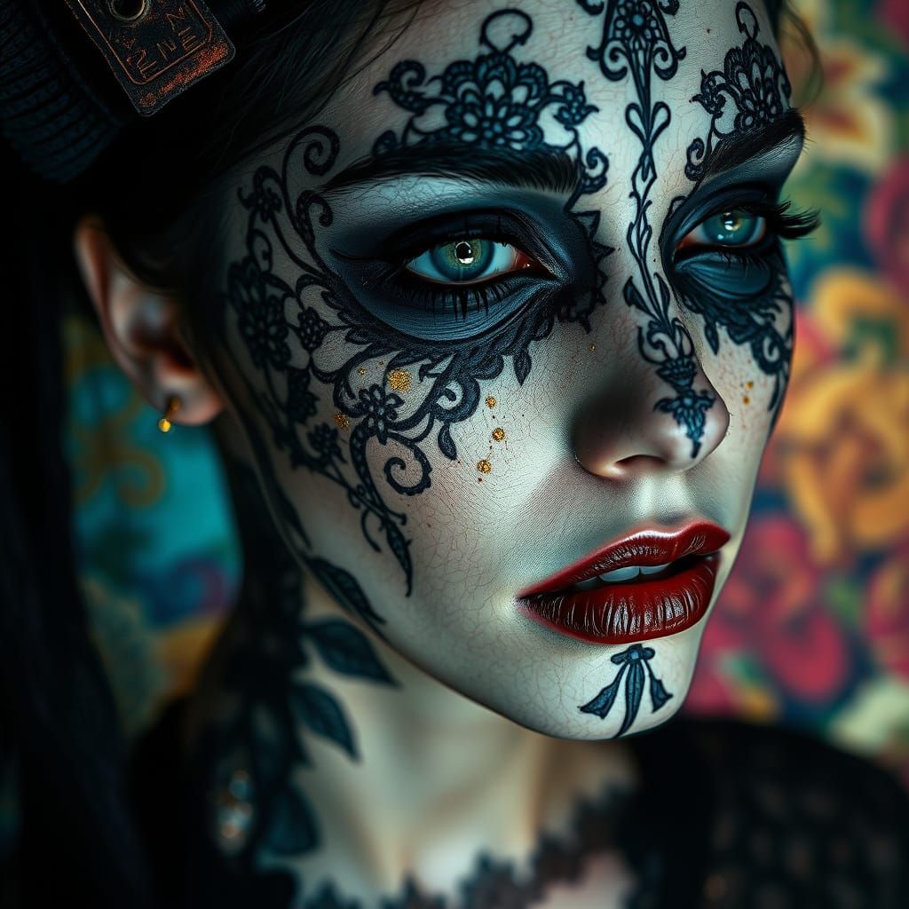 Dark Fantasy Goddess with Heavy Black Makeup and Gold Accent...