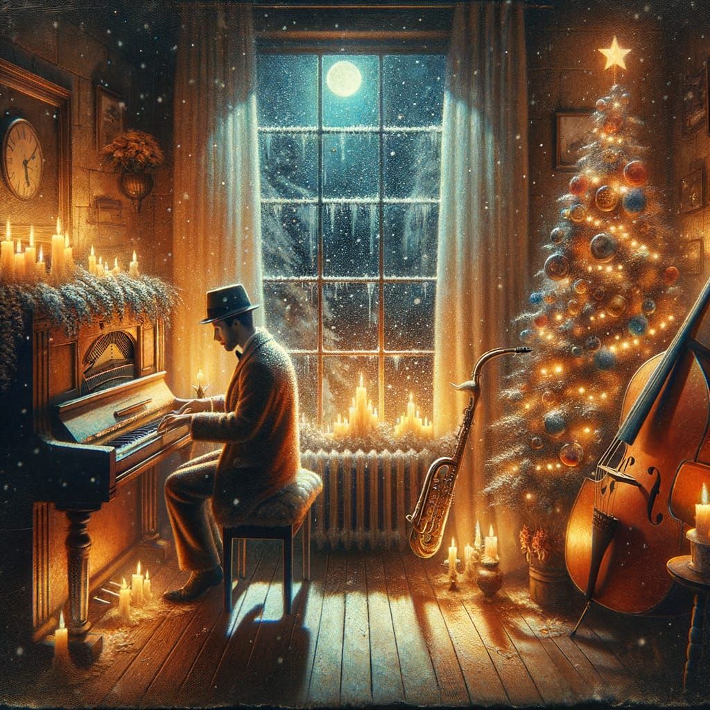 Cozy Jazz Pianist in Snowy Winter Scene