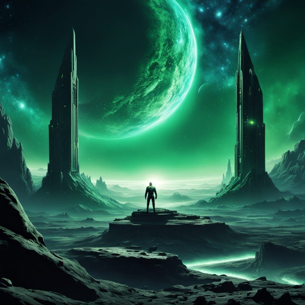 Green Lantern Monument on Asteroid, Cosmic Sci-Fi Art