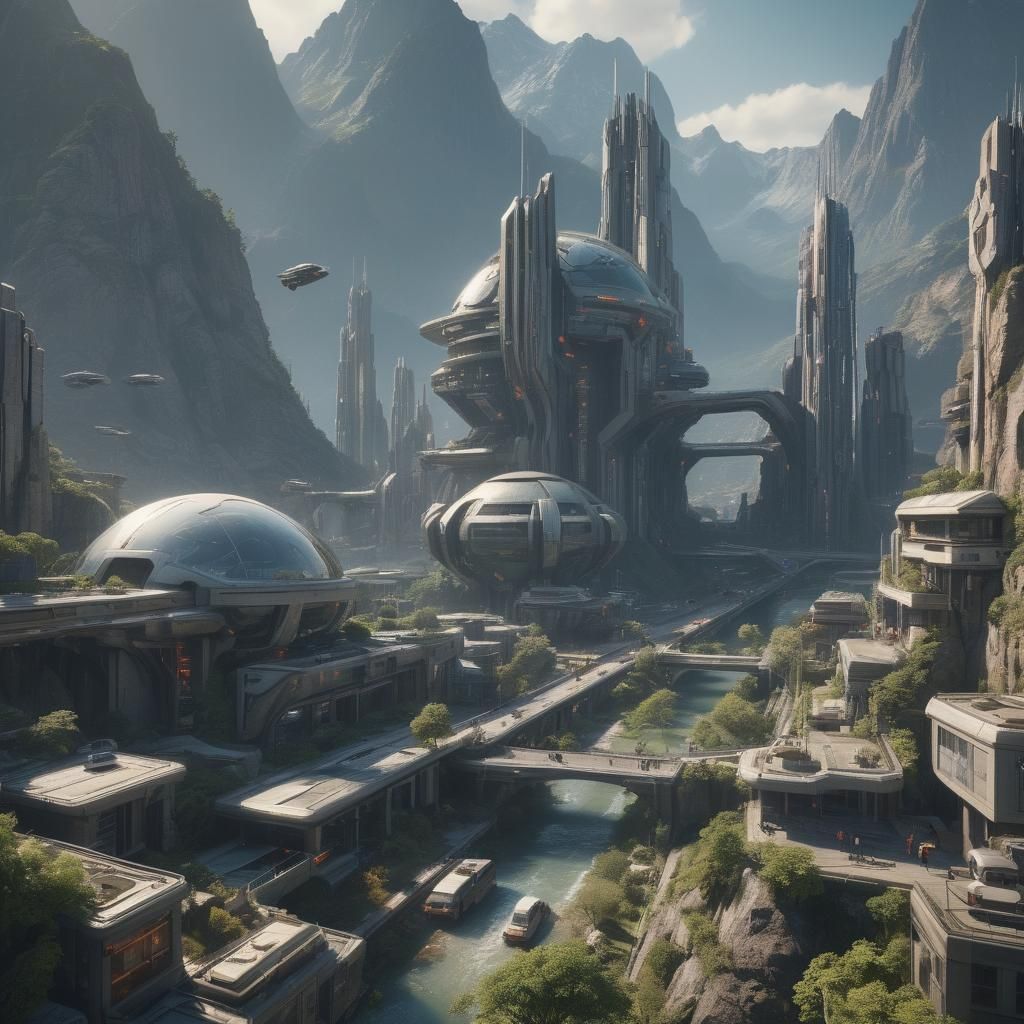 Futuristic City Surrounded by Mountains in Hyperrealism