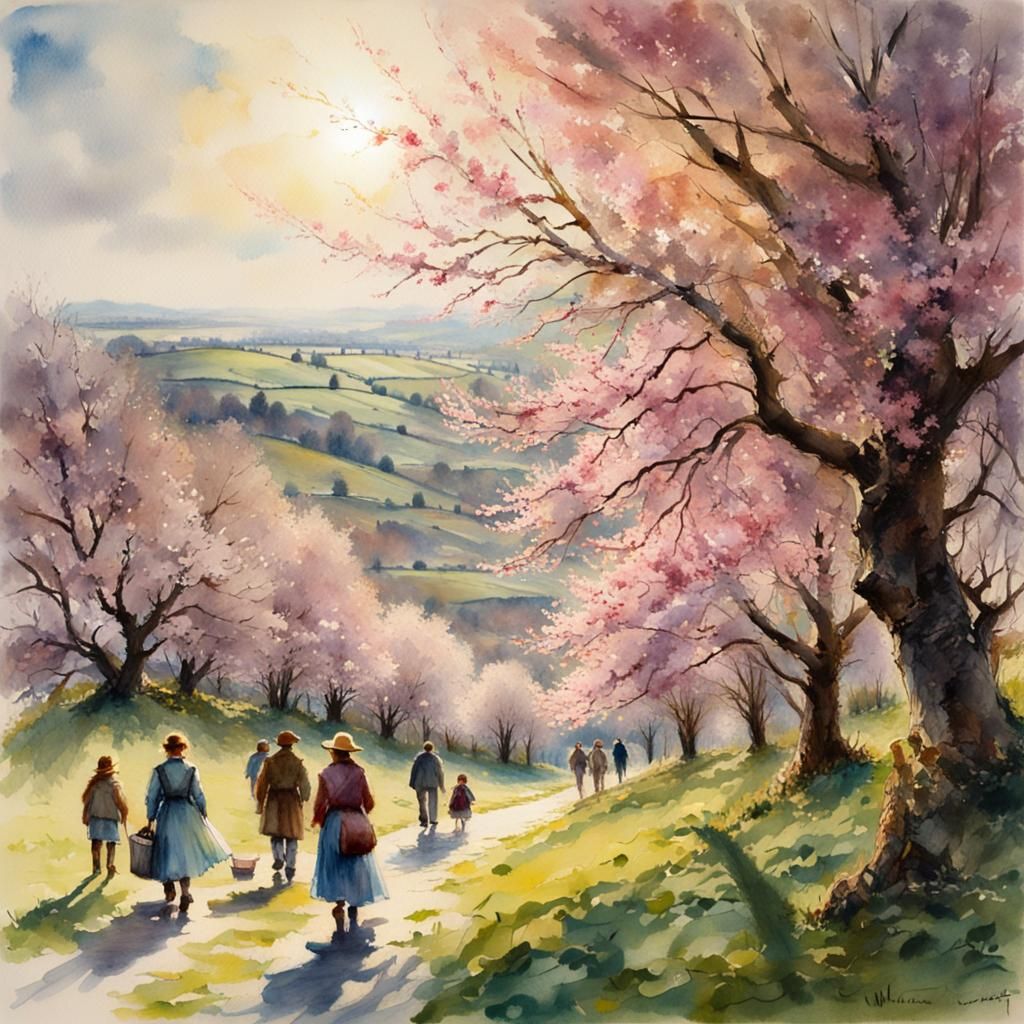 Spring Blossoms in Waterhouse-Style Watercolour