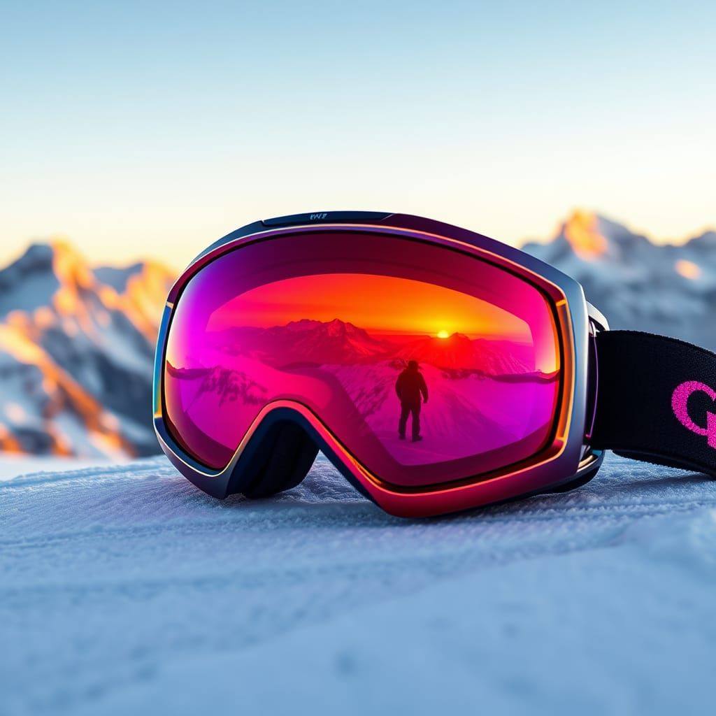 Ski Goggles Reflecting Mountains in Synthwave Style