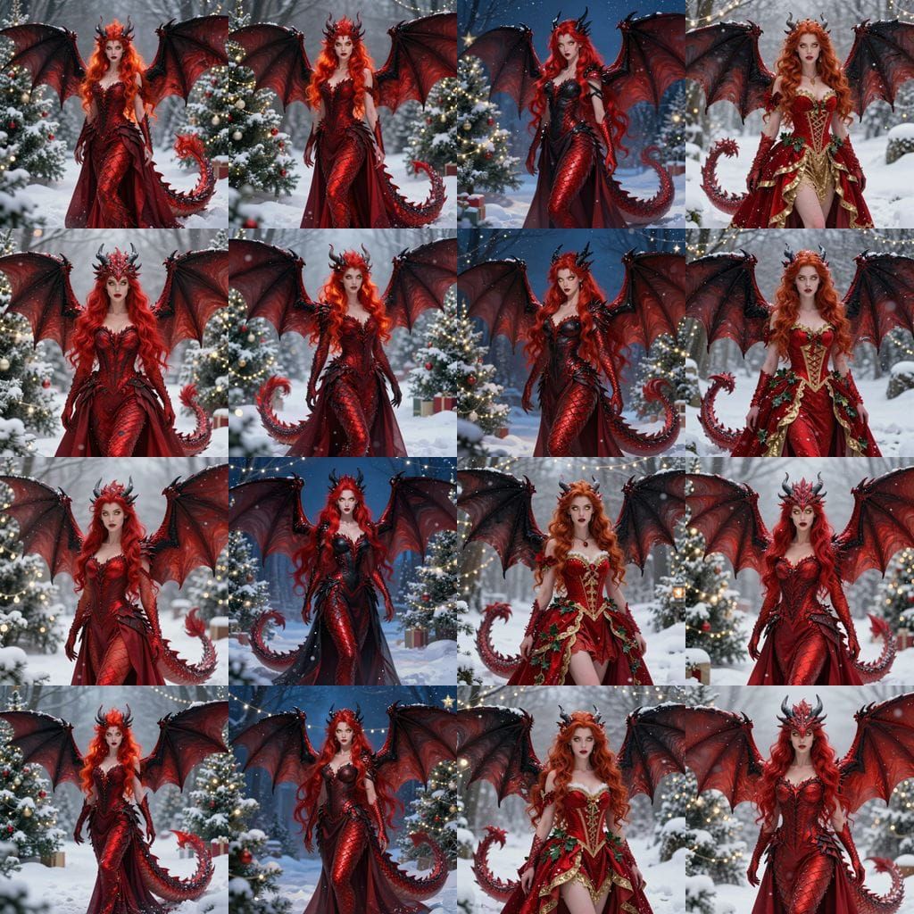 Dragonkin Woman in Formal Dress with Christmas Snow Scene