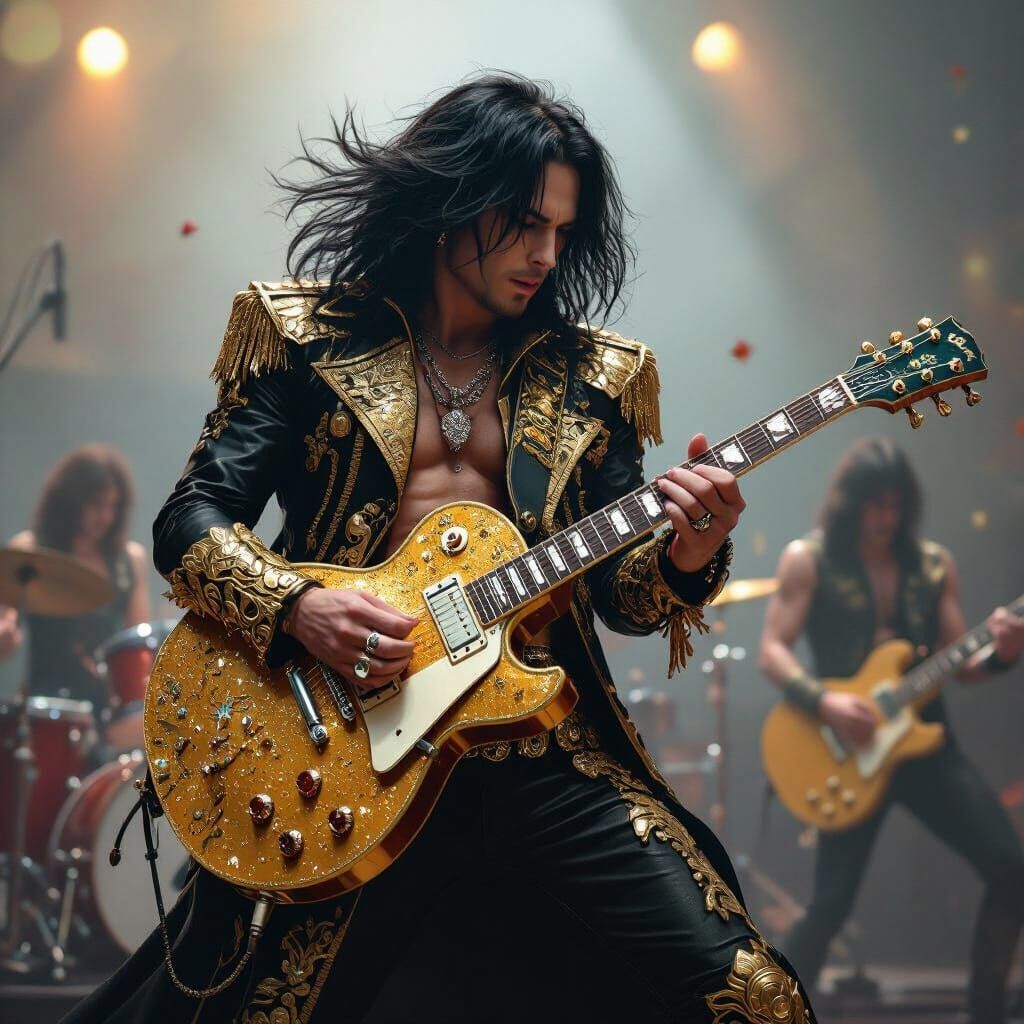 Rock Star Guitarist in Gemstone Adorned Gold Outfit