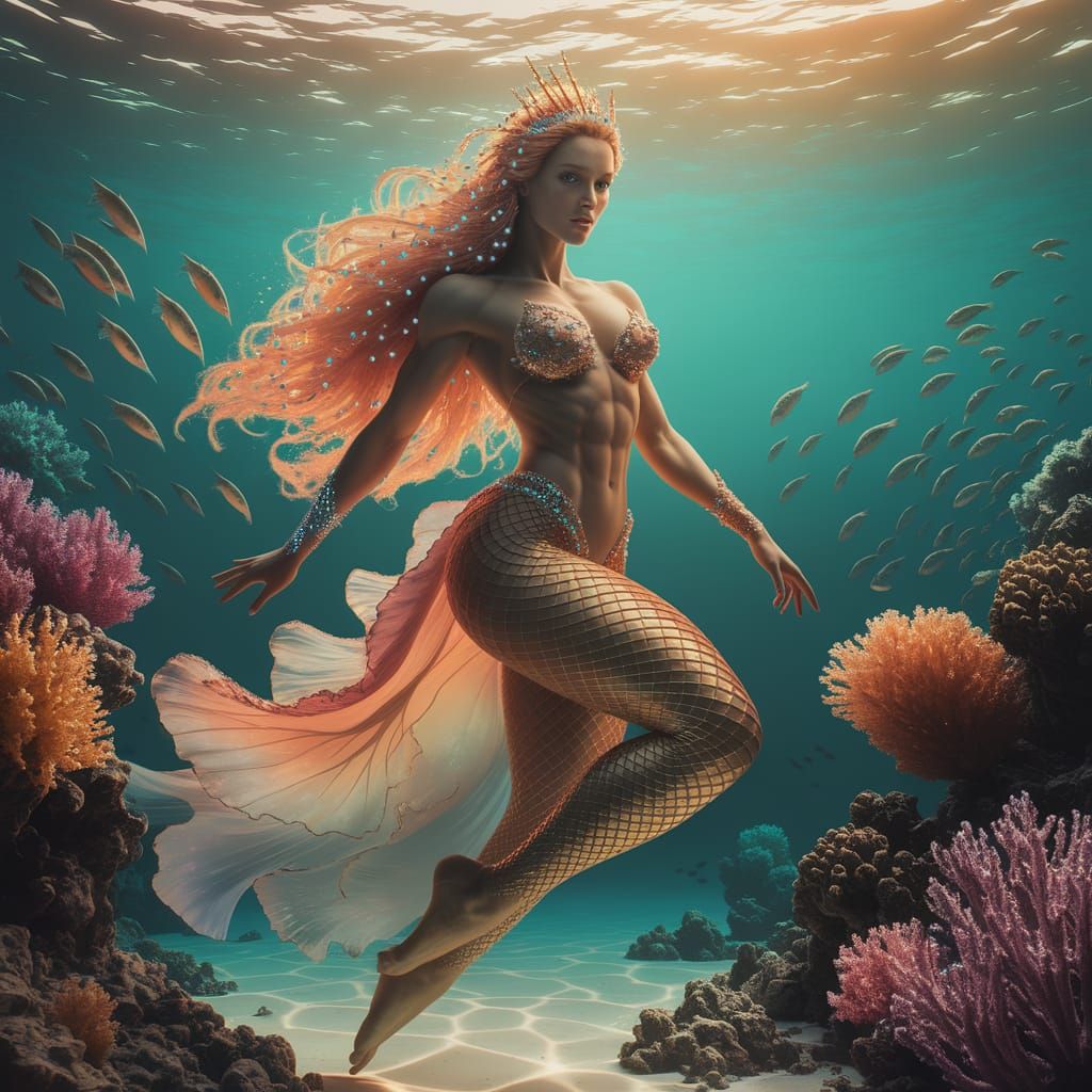 Muscular Sea Princess in Sunset Underwater Glow