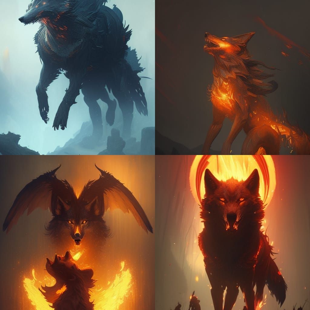 Fiery Wolf Concept Art in Dark Fantasy Style