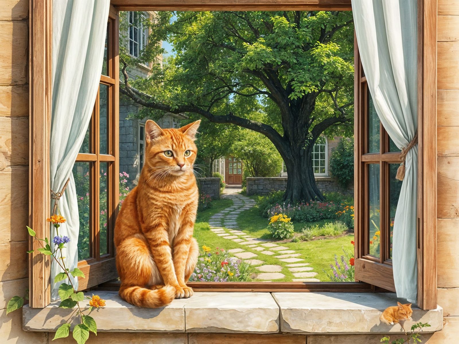 Ginger Cat Basks in Sunny Garden