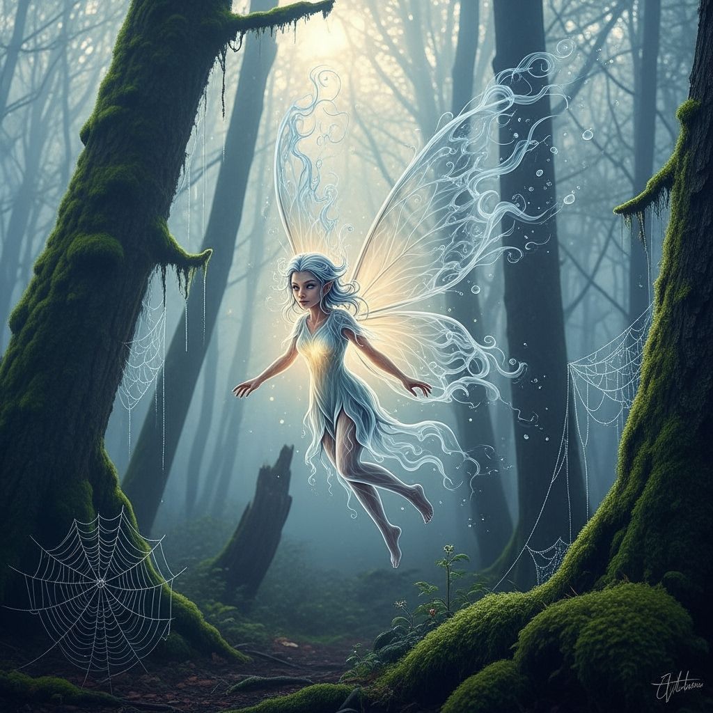 Ethereal Smoke Fairy in Misty Forest, Digital Art