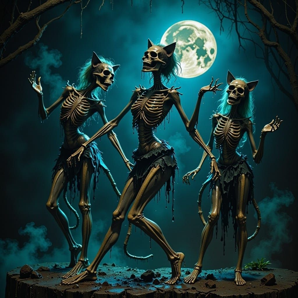 Dancing Cat Skeletons in Mystical Realm