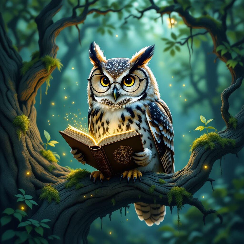 Wise Owl Scholar in Enchanted Forest Clearing