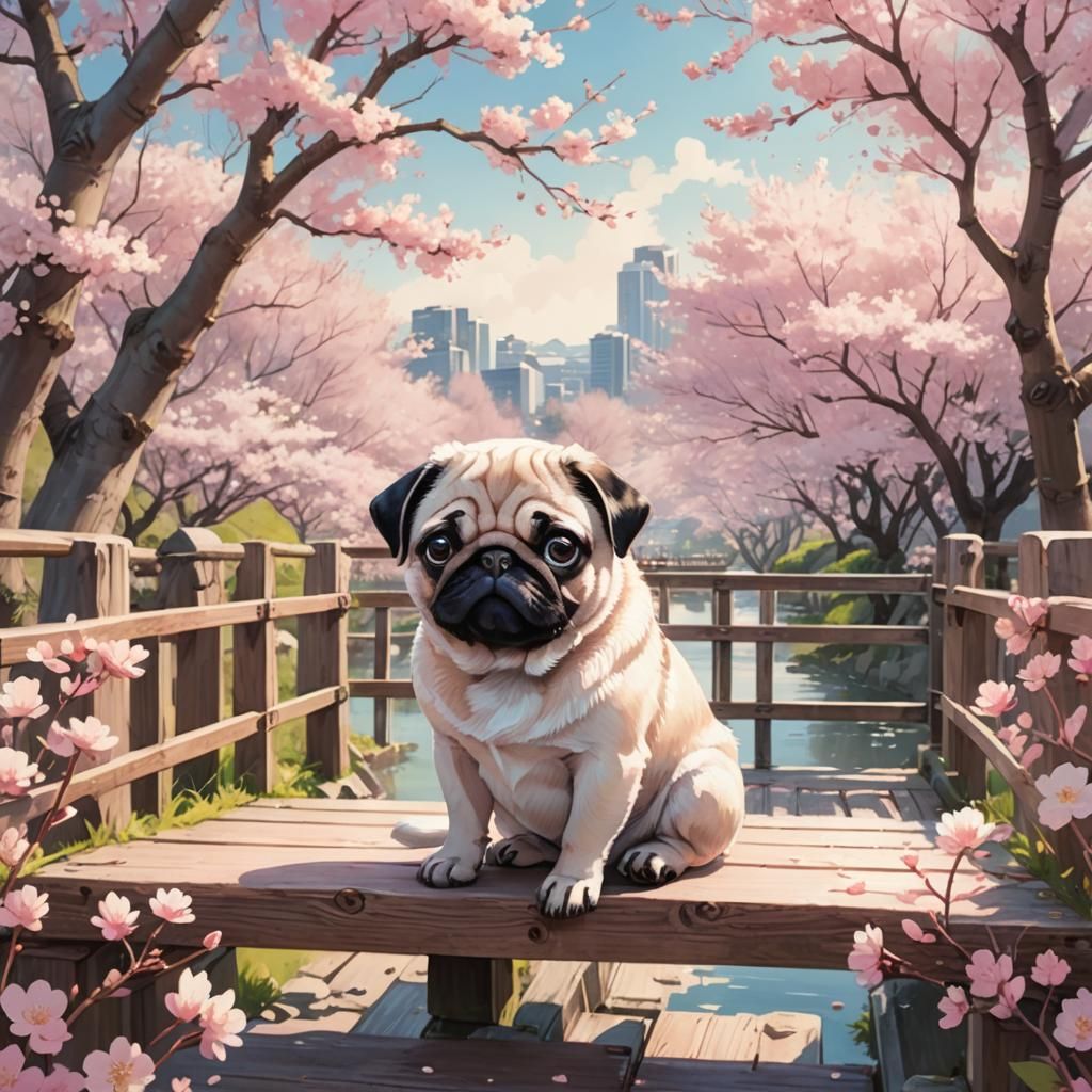 Tiny Pug in Cherry Blossoms: Anime Watercolor