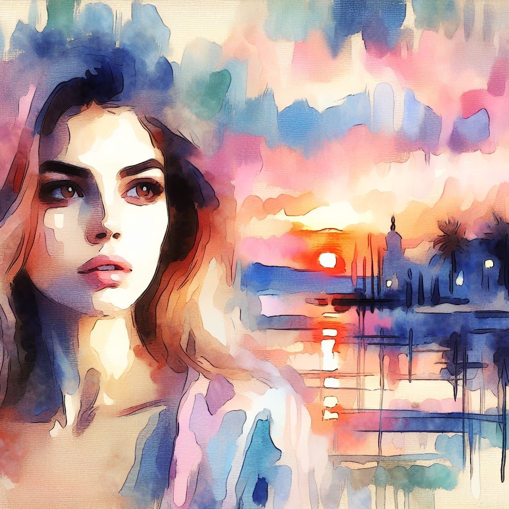 Impressionistic Woman in Pastel Sunset Watercolor
