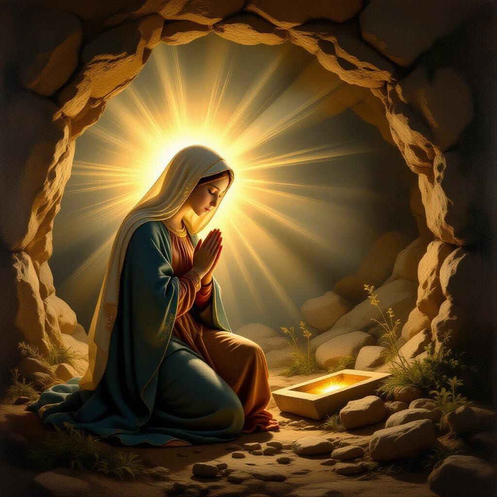 Mother Mary Beside Empty Tomb in Renaissance Style