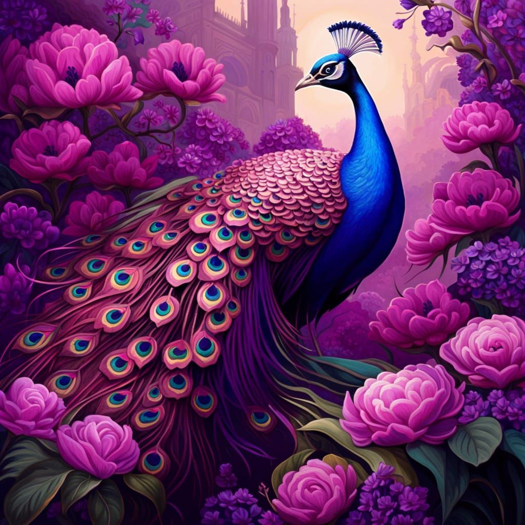 Pink Peacock in Gouache Style with Purple Flowers