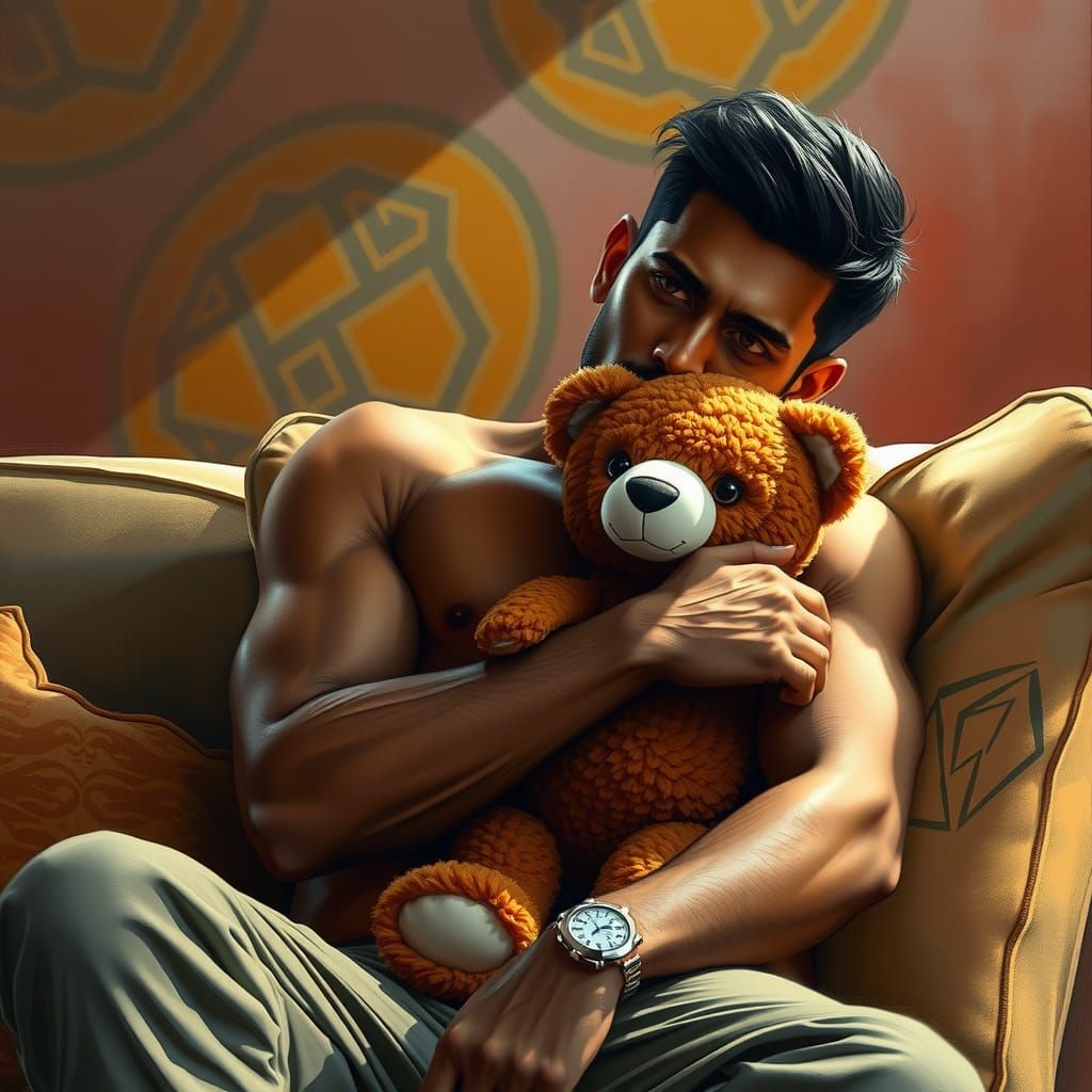 Handsome Man Hugging Teddy Bear in Splash Art Style